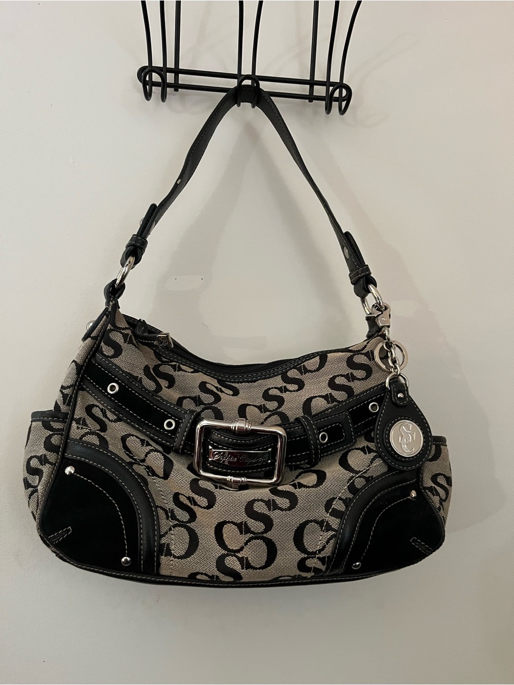 Sophia Caperelli Black and Beige Monogram Hobo with Buckle